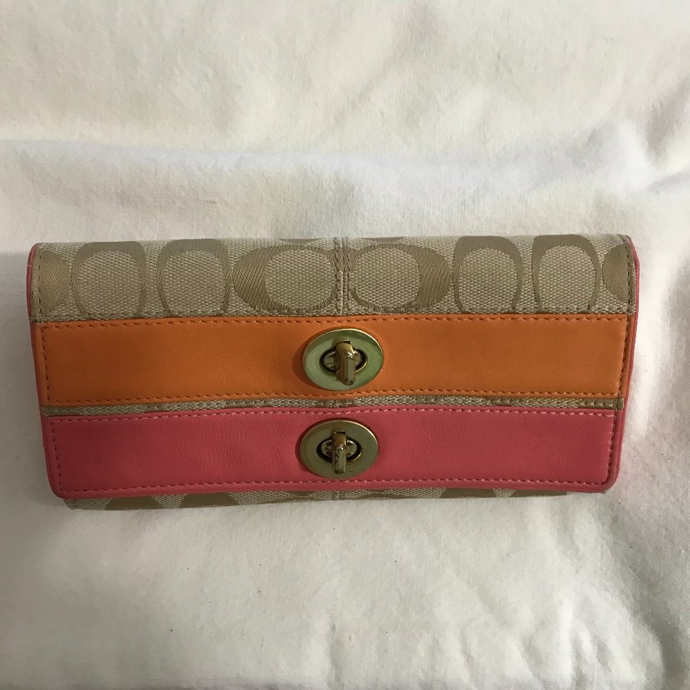Colorful Coach Wallet - Logo Fabric with Pink and Orange - EUC